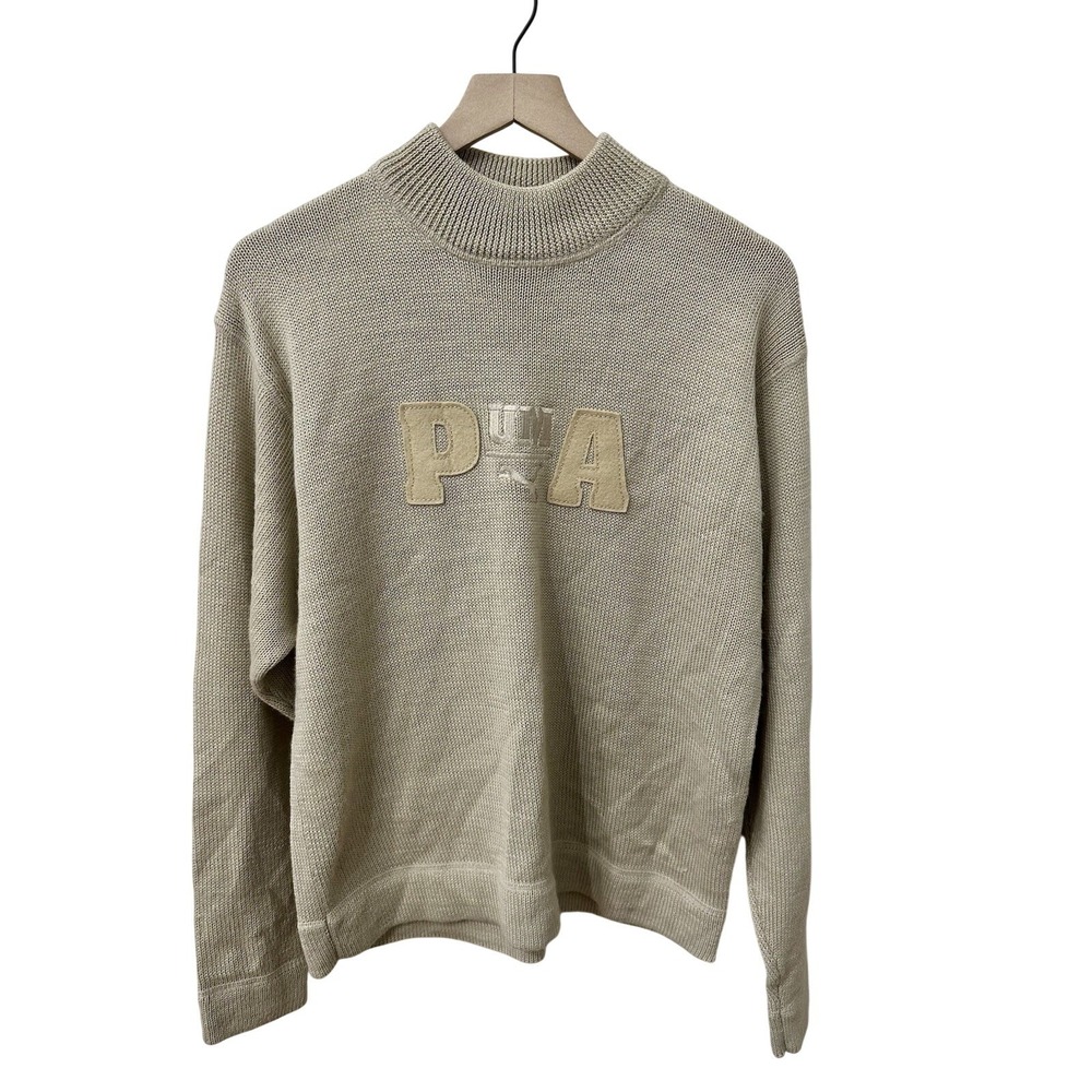 Puma Knit Sweater Medium Beige Wool‎ Blend Mock Neck Vintage Logo Pullover